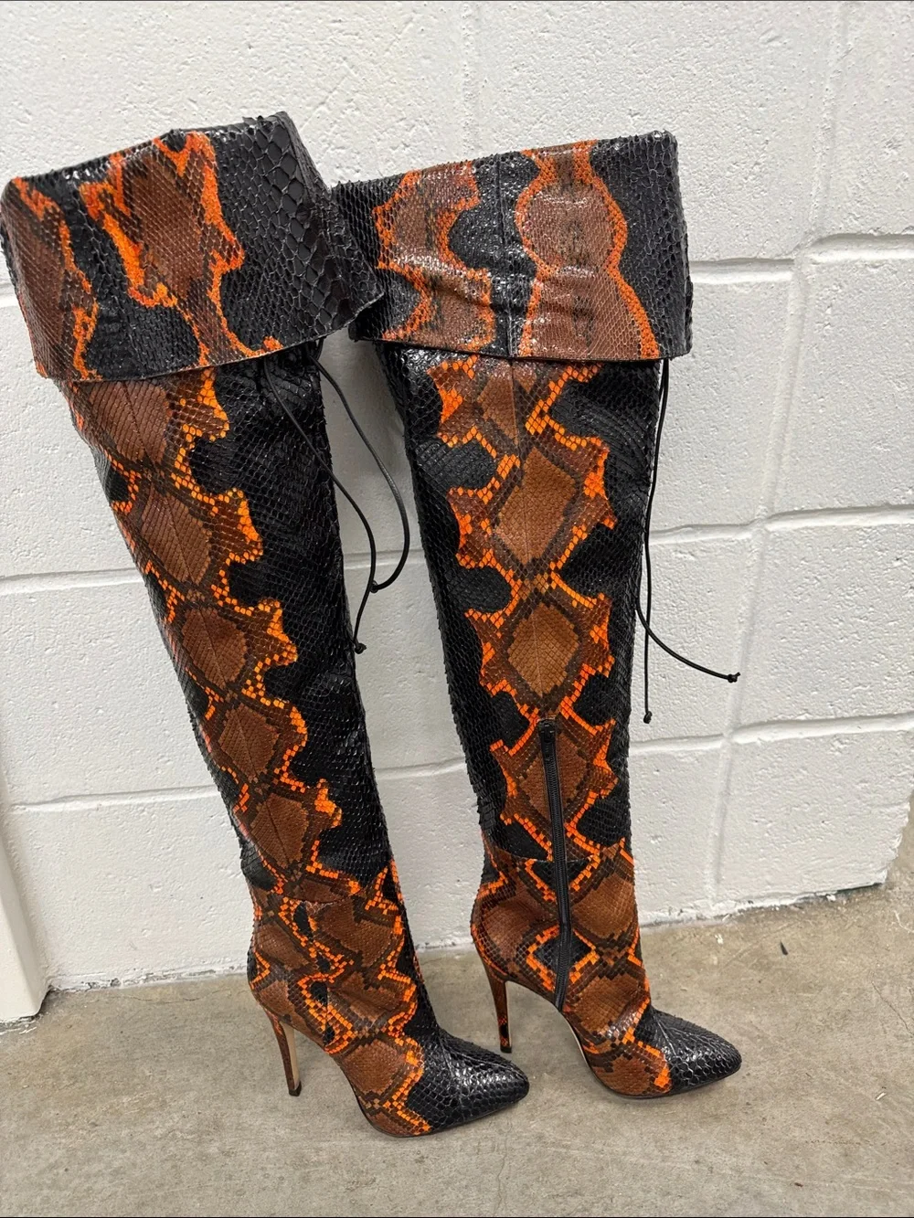 Brian Atwood Black and Orange Snake-Print Over-the-Knee Stiletto Boots